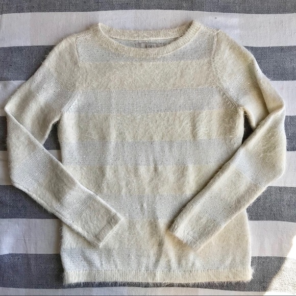 LOFT Sequin Stripe Soft Textured Sweater in Cream - Picture 2 of 7